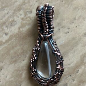 New Handcrafted Clear Teardrop Pendant in Copper Wire